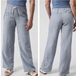 Athleta Size 12 Blue Linen Cabo Pants Wide Leg Athleisure Pockets Casual Beach